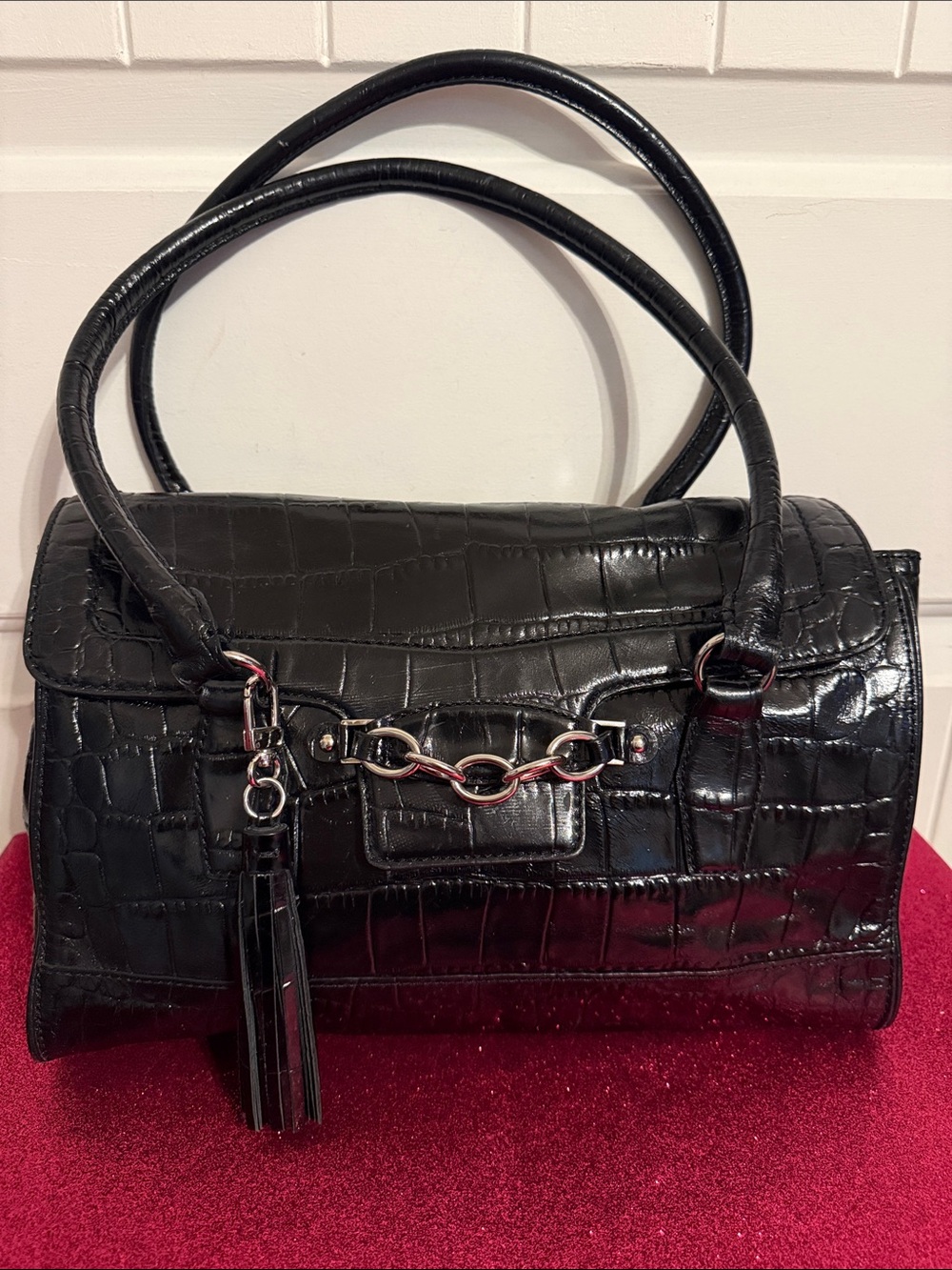 Ann Taylor Black Croc-Embossed Top-Handle Satchel with Chain Accent